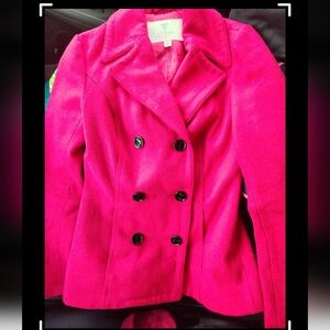 Guess Wool Designer Coat, Women Pink Black Buttons, Spread Collar, Lined, XS
